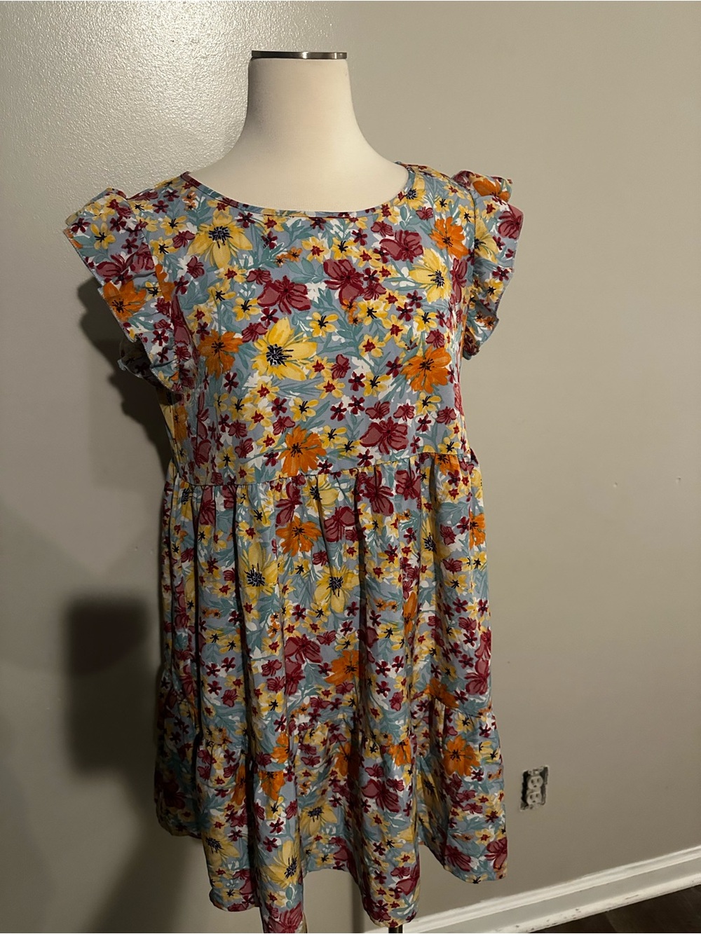 SHEIN Blue Floral Tiered Dress with Yellow & Burgundy Blooms